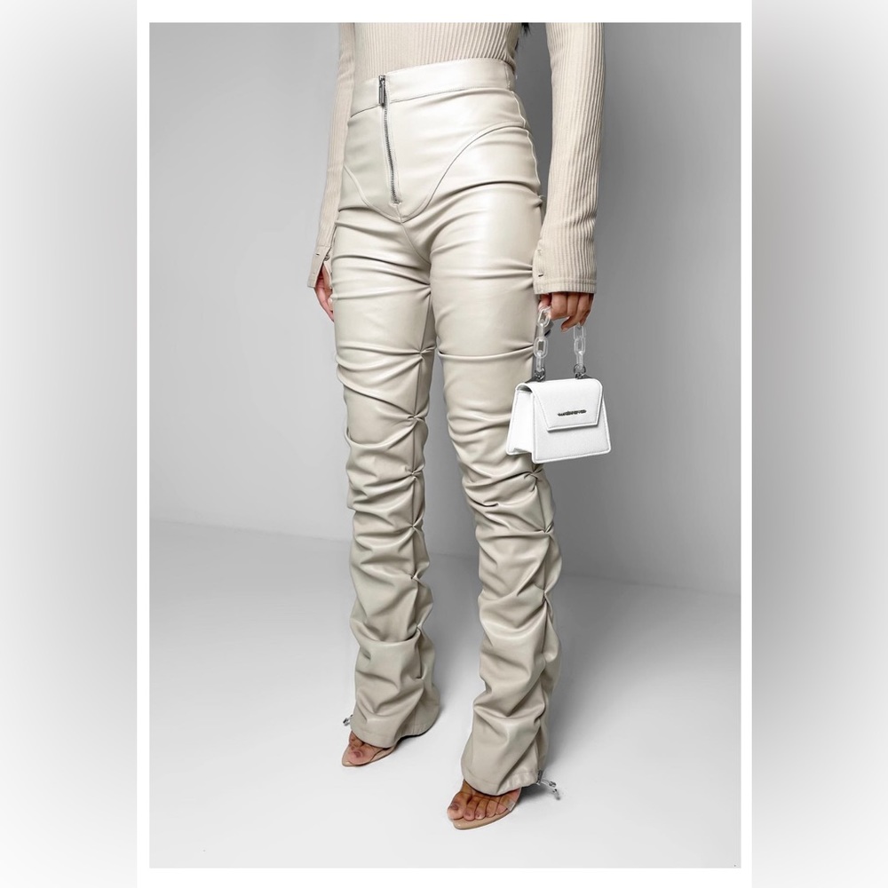 maniere de voir tacked vegan leather flared trousers - beige